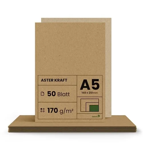 Netuno 50x Kraftpapier 170g DIN A5 14,8 x 21 cm Aster Kraft Papier Zum Bedrucken Beschriften Braun Vintage Naturbraunes Umweltfreundliches Papier Craft Bastelpapier Recycling