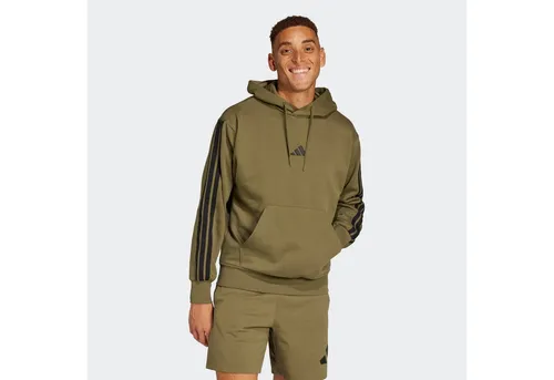 Adidas Herren Essential Three Stripes Fleece Hoodie, Olive Strata/Schwarz, S - Klassischer Kapuzenpullover mit Kängurutasche und regulierbarem Kordelzug. Hergestellt aus mindestens 70 % recycelten Materialien, ideal für den täglichen Komfort und modischen Look.