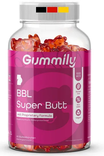 Gummily® BBL Super Butt Gummibärchen 180 g - Leckere Gummibärchen mit 30 mg Hagebuttenfruchtextrakt in praktischer 180 g Verpackung. Ideal für unterwegs und perfekt für eine genussvolle Ergänzung in Ihrem Alltag.