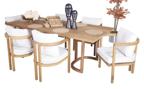 Holz Gartenmöbel Set 7tlg mit Esstisch und 6 Stühlen - Stilvolles Tisch- und Stuhlset aus hochwertigem Holz für 6 Personen. Ideal für gesellige Abende im Garten. Mit Armlehnen und Rückenlehnen für optimalen Komfort. Maße: Tisch 140x80 cm, Stühle 60x80 cm.