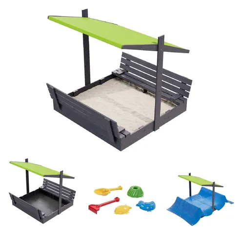 QLS Sandkasten aus Holz 150 cm mit Dach und Bänken - Sandkasten mit verstellbarem Dach, imprägniert in Anthrazit, ideal für kreative Spielstunden im Freien und bietet Schutz vor Sonne und Regen.