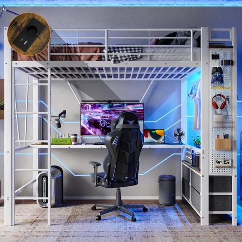 Merax Etagenbett Hochbett 90x200 cm mit Schreibtisch und LED