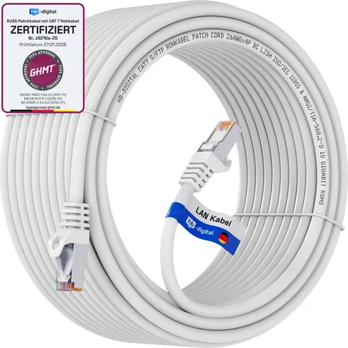 hb-digital Netzwerkkabel CAT 7 10m Patch Kabel RJ45 S/FTP PiMF LSZH AWG 26 halogenfrei weiß