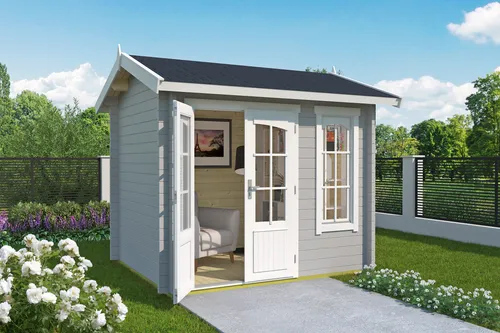Gartenhaus Blockhaus Alex Mini grau 270x220 cm - Gartenhaus aus 44 mm Blockbohlen mit Satteldach, abschließbar und ideal für die Aufbewahrung oder als Freizeitbereich, inklusive Boden und Isolierverglasung.