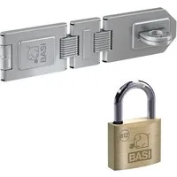 BASI Sicherheits-Stallriegel mit Vorhangschloss - Türriegel-Set mit korrosionsbeständiger Sicherheitsüberfalle und robustem Messing-Vorhangschloss, ideal für die sichere Sicherung von Kisten und Kellerräumen.