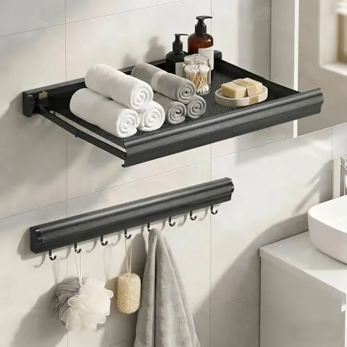 Wandtrockner Klappbar Unsichtbar mit Netzablage, Duschablage Ohne Bohren | 8 Haken, Badezimmer Regal Organizer, Ausziehbarer Wandwäscheständer, Hakenleiste für Balkon Wäscheraum Badezimmer