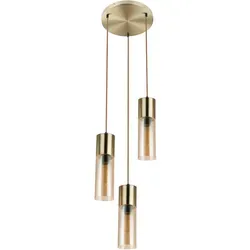 Globo 21000-3HM Decken Strahler Messing Pendel Lampe - Hängeleuchte mit eleganten Glaszylinderschirmen in warmem Amber, perfekt für moderne Wohnräume. E27-Fassungen ermöglichen individuelle Lichtgestaltung.
