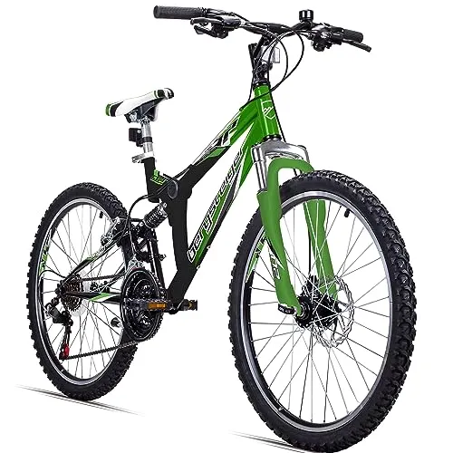 Bergsteiger Montreal 24 Zoll Kinderfahrrad - Mountainbike mit 18-Gang Shimano Schaltung, ideal für Schulwege, geeignet für Kinder von 135-155 cm, bietet Vollfederung für hohen Fahrkomfort.