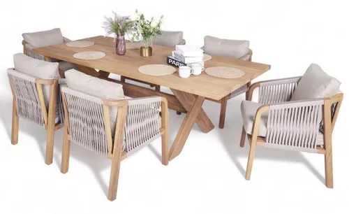Designer Outdoor Garnitur Esstisch mit 6 Stühlen aus Holz - Hochwertiges Tisch- und Stuhlset für den Garten, bestehend aus 7 Teilen. Stilvolles Design in Beige und Braun, ideal für gesellige Abende im Freien. Mit Arm- und Rückenlehne für hohen Sitzkomfort.