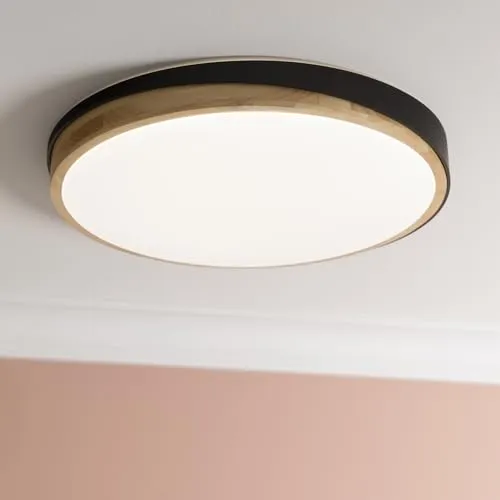 Lightbox LED Wand- & Deckenlampe mit Fernbedienung & CCT (3000 K - 6500 K) & schwarz-braunem Holz Rahmen vom Kautschukbaum | Ø 50 cm | 36 W | 4500 lm | aus/Kunststoff/Metall/Holz