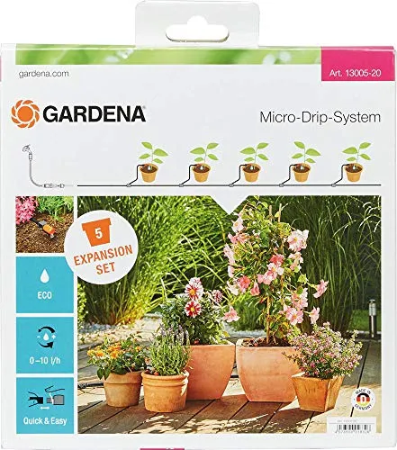 Gardena Erweiterungsset Pflanztöpfe 13005-20 - Micro-Drip-System für präzise Bewässerung, ideal für Gartenliebhaber mit 5m Schlauchlänge.