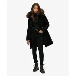 Superdry Damen W5011999A Fuji Faux Coat schwarz (XS) – Lässiger Mantel - Der elegante Fuji Faux Fur Hood Mid Length Mantel bietet eine schmeichelhafte Silhouette und praktische Details wie zwei Außentaschen und einen doppelten Reißverschluss. Ideal für Übergangsmonate, mit abnehmbarer Kapuze und verstellbarem Gummizug.