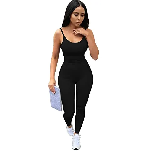 RPAEOY Damen Yoga Jumpsuit Eng Schwarz Einteilige Overall Sommer Dehnbares Lang Bodycon Bodysuit Sexy Playsuits Gym Workout Set Fahrradhose Legging Trainingsanzug Hosenanzug L
