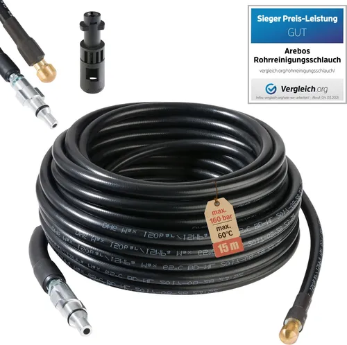 Arebos Hochdruckschlauch 15 m - Rohrreinigungsschlauch 160 bar - Hochdruckschlauch für effektive Rohrreinigung, max. Druck 160 bar, ideal für professionelle Anwendungen und hartnäckige Verstopfungen.