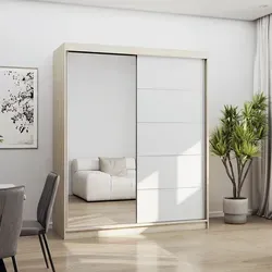 Schwebetürenschrank Bono 05 - 160 cm Sonoma/Weiß mit Spiegel - Kleiderschrank mit elegantem Spiegeldesign und geräumigen Einlegeböden, ideal für platzsparende Aufbewahrung in jedem Schlafzimmer.