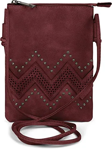 styleBREAKER Damen Mini Bag Umhängetasche mit Zick-Zack Cutout und Nieten, Schultertasche, Handtasche, Tasche 02012211, Farbe:Bordeaux-Rot
