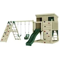 PolarPlay Spielturm Aksel aus Holz in Grün mit Babyschaukel - Hochwertiger Spielturm aus langlebigem Fichtenholz, ideal für sichere und kreative Spielstunden im Freien. Maße: T 469 x B 415 x H 261 cm.
