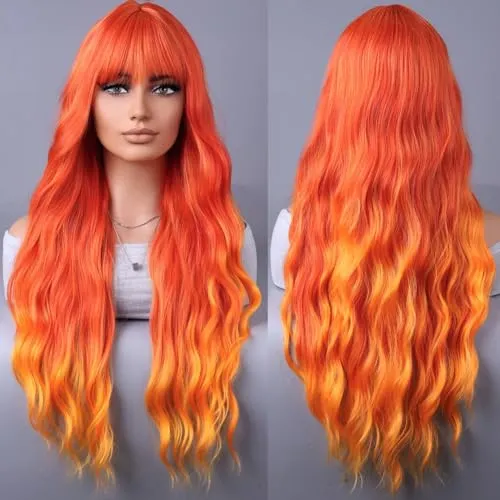 YEESHEDO Damen Perücke Lang Lockige Feuerorange Perücken für Frauen mit Pony, Natürlich Lange Locken Orange Wig, Anime Cosplay Halloween Wigs 28 Zoll (Orange)