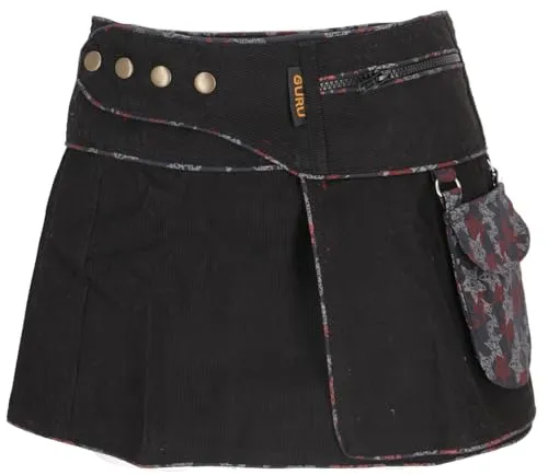 GURU SHOP Wickelrock - Schwarz, Damen, Baumwolle, Size:S/M - Stylischer Wickelrock mit praktischen Reißverschlusstaschen und verstellbarer Größe durch Druckknöpfe, ideal für modebewusste Damen.
