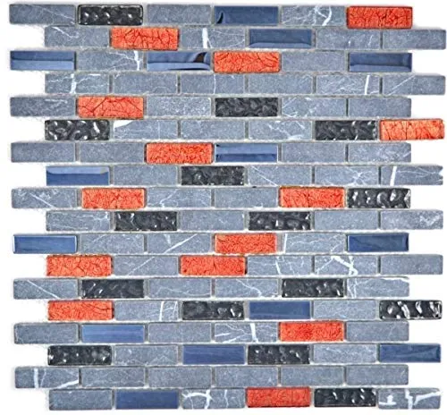 Mosaik Stäbchen Verbund Naturstein Glasmosaik Mosaikfliese Backsteinoptik grau schwarz rot Küchenrückwand Fliesenspiegel - MOS87-0429