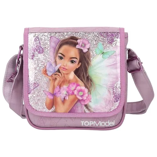 Depesche 12778 TOPModel Fairy Love - Kleine Umhängetasche in Mauve mit Model-Motiv und Schmetterlingen, Tasche mit verstellbarem Schultergurt und Front-Klappe, Mehrfarbig, 0012778