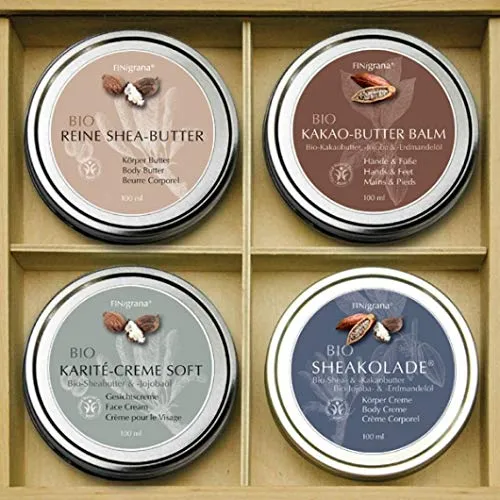 Shea & Kakaobutter Pflegeset 4x100ml - Vielseitiges Pflegeset in einer eleganten Holz-Box. Enthält hochwertige Bio-Körperbuttern für die tägliche Hautpflege, ideal für eine reichhaltige Feuchtigkeitspflege.