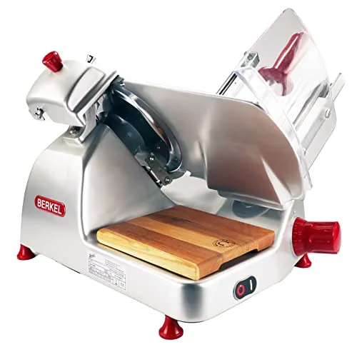 Berkel Aufschnittmaschine Pro Line XS 25 in Silber, Profi Allesschneider für Ihre Küche - Höchste Präzision und Leistung +100% handgefertigtes Fassholzbrett Unikat aus Eiche