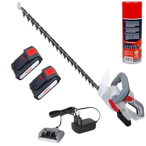 IKRA Akku Heckenschere IAHS 20-1 inkl. 2x Akku 20V, Ladegerät & Pflegespray 400ml, Schnittlänge 54cm