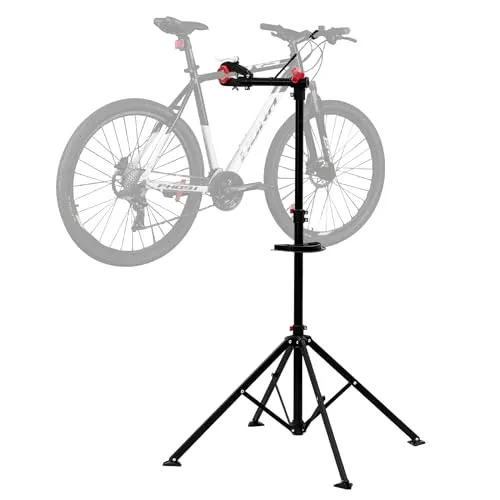 WOLTU Fahrradmontageständer, Fahrrad Reparaturständer, Montageständer für Fahrräder vierbeinig, mit Werkzeugablage, höhenverstellbar klappbar 360° drehbar, bis 25 kg, aus Metall