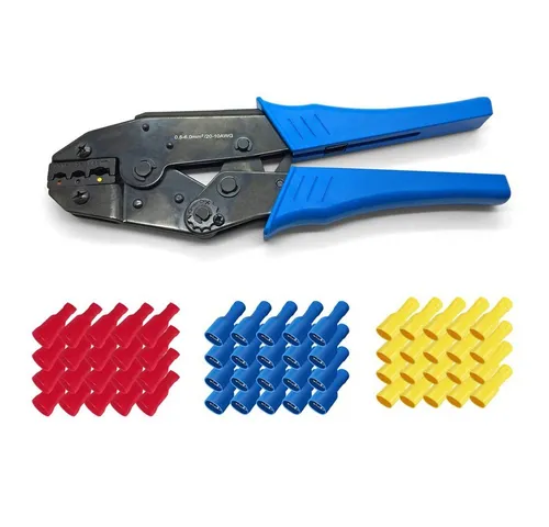 ARLI Crimpzange Set mit Flachsteckhülsen - Profi Crimpzange mit Ratschenfunktion und 300 isolierten Flachsteckhülsen in verschiedenen Farben. Ideal für präzise und sichere Verbindungen in der Elektrotechnik.