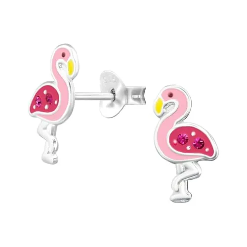 Monkimau Flamingo Kinder Ohrringe | 925 Silber | Mädchen Ohrstecker Schmuck | Hypoallergen & Nickelfrei | Kinderohrringe Geschenkidee