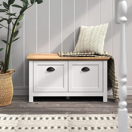 trendteam smart living Landside Sitzbank - Lichtgrau/Artisan Eiche - Sitzbank im Landhausstil mit 4 Fächern und 2 Einlegeböden, ideal für die Garderobe. FSC-zertifiziert und kratzfest, bietet Platz für bis zu 6 Paar Schuhe (BxHxT: 91 x 49 x 41 cm).