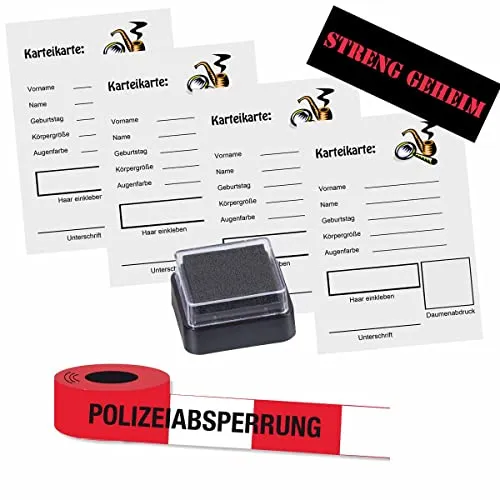 Firlefantastisch Der Partyshop Polizei-Kit mit Karteikarten, Polizei-Absperrband, Fingerabdruckstempelkissen, STRENG GEHEIM Sticker // Polizeigeburtstag Zubehör