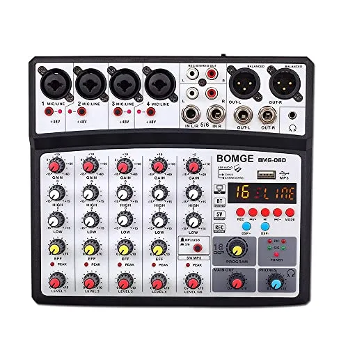 BOMGE Professionelles 6-Kanal 99DSP DJ-Audio-Mixer-Interface, Desktop-Karaoke-Mischpult mit MP3-Eingang, USB, Bluetooth-Eingang, Stereo-Aufnahme und 48-V-Phantomspeisung
