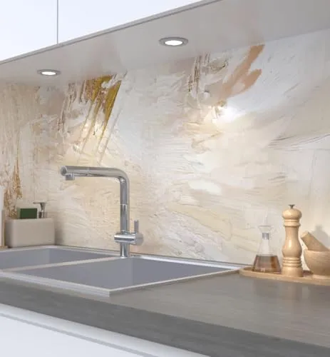 MyMaxxi Küchenrückwand Folie selbstklebend matt - einfache Montage ohne Bohren 0,4mm stark Versteift - Motiv bemalte Wand Gold 60cm hoch - Spritzschutz Küche Klebefolie - Kunst Abstrakt 400 x 60cm