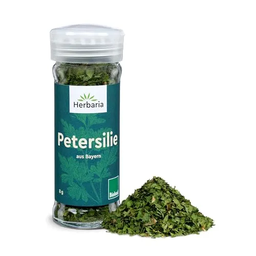Herbaria Petersilie bio 8g Streuer – Bio Petersilie getrocknet in Bioland-Qualität – Bio-Kräuter - Bio-Gewürz – Bio-Küchenkräuter - Premium Bio-Qualität - im praktischen Glas-Gewürzstreuer