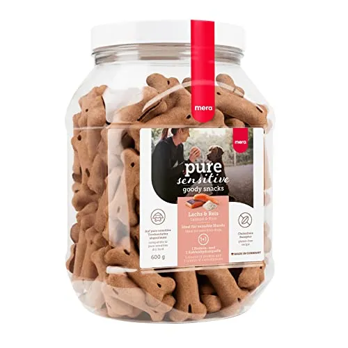 MERA Pure Sensitive Goody Snack, gesunde Leckerlis für Sensible Hunde, Hundeleckerli aus Lachs und Reis, Hundesnack glutenfrei zum Training (600 g)