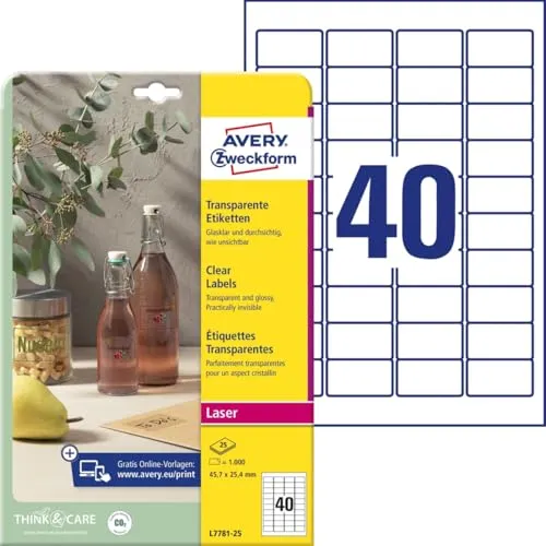 Avery L7781 - Transparente Polyesteretiketten - Papier Fotopapier und Etiketten, 1000 hochwertige, wasserfeste Etiketten für professionelles Etikettieren und Beschriften.