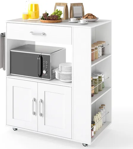 COSTWAY Küchenwagen auf Rollen, Servierwagen mit Arbeitsplatte, Schublade, Handtuchhalter&3 Gewürzregalen, mobiler Kücheninsel Holz, Weiß,75x46x90,5cm