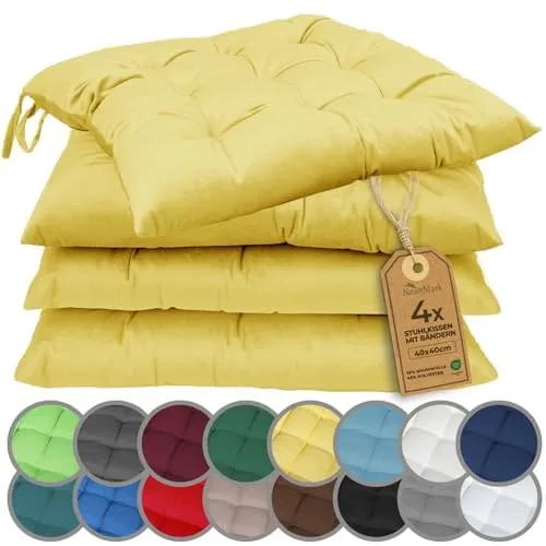 NatureMark Sitzkissen 4er-Set - Gelb, 40x40cm mit Bändern - Kissen für drinnen und draußen, schadstoffgeprüft und waschbar. Ideal für mehr Komfort und Stil auf jedem Stuhl.