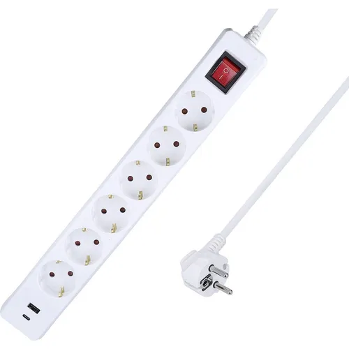 as-Schwabe 6-fach Steckdosenleiste mit USB A/C 5m - Vielseitige Steckdosenleiste mit 6 Schuko-Steckdosen und 2 USB-Ports für effiziente Stromversorgung. Ideal für Computer und Smartphones, ausgestattet mit erhöhtem Berührungsschutz und 5 m Kabel.