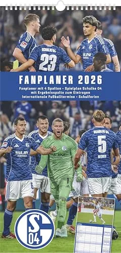 N Neumann - FC Schalke 04 2026 – Fanplaner 22x45 cm mit 4 Spalten, deutschem Kalendarium & Spiralbindung, Fußball-Familienkalender mit 12 Monatsblättern & Spielerfotografien: Fanplaner 2026