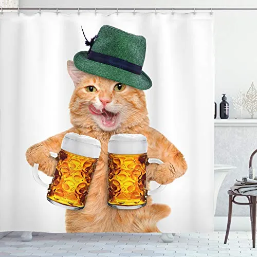 ABAKUHAUS Katze Duschvorhang, Kühle Katzen-Hut Bier-Becher Lustige, Stoffliches Gewebe Badezimmerdekorationsset mit Haken, 175 x 220 cm, Mehrfarbig