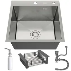Single-bowl kitchen sink INOX 50x50 mit Siphon und Seifenspender - Hochwertige Edelstahl-Küchenspüle mit 400-ml-Seifenspender und schallabsorbierenden Paneelen für eine ruhige Küche. Einfache Installation und modernes Design sorgen für Funktionalität und Eleganz.