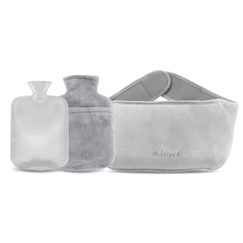 Behiruch Wärmflaschengürtel, 1.2 L Wärmflasche mit Bezug und Weichem Taillenbezug, 3 in 1 Wärmflasche Gürtel aus Gummi für Nacken Schulter Rücken Beine Taillenwärmung (Grau)