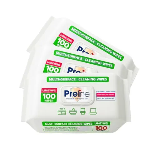 Preline Multi Surface Oberflächenreinigungstücher, Feuchte Allzwecktücher, Extra Dick&Breit, Weißer Seifenduft,Frei von SLS/SLES/Bleichmittel,für Haushalt Küche Bad WC Elektronik Fenster,100 Stück (3)