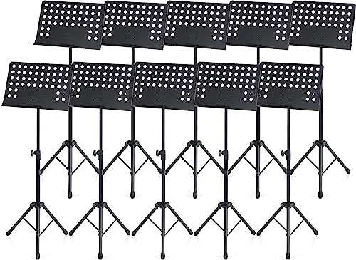 10x Pronomic OS-01P Orchesterpult Lochblech Ständer (Notenständer mit Notenklemmen, Abnehmbare Ablage, 2 Federklemmen, ausziehbar von 69 cm bis 115 cm) schwarz