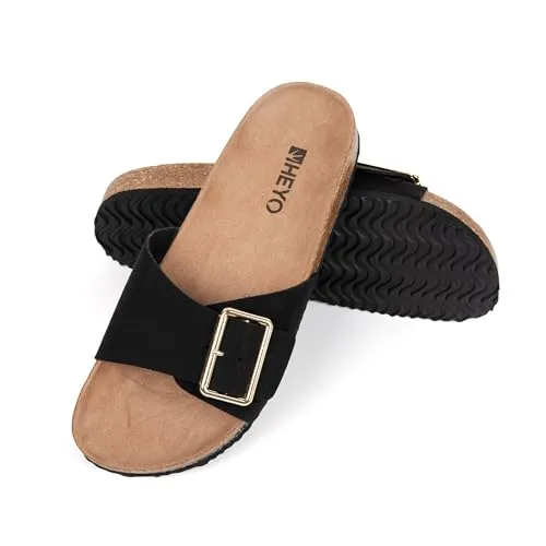 HEYO Pantoletten Damen Sandalen Bequeme Hausschuhe Kork Badelatschen mit verstellbaren Riemen (Schwarz, EU Schuhgrößensystem, Erwachsene, Numerisch, M, 37)