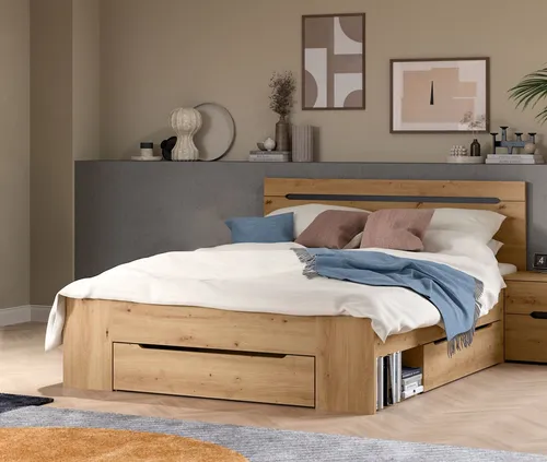 Home affaire Stauraumbett REHAT, 3 Schubkästen, 2 offene Fächer, in 144 oder 184 cm Breite - Das Stauraumbett »REHAT« bietet mit 3 Schubkästen und 2 offenen Fächern viel Platz für Ihre Dinge. Modernes Design aus stabilen Materialien, ideal für eine stilvolle Schlafzimmergestaltung.