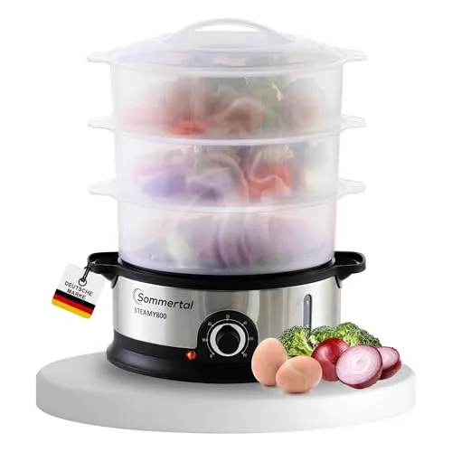 Sommertal Dampfgarer STEAMY800 - 800W Dämpfer mit 3 Schicht Topf - Dampfgarer für gesundes Kochen, mit SteamFlow Technologie für optimale Dampfverteilung und umfangreichem Zubehör für gleichzeitiges Garen von verschiedenen Lebensmitteln.